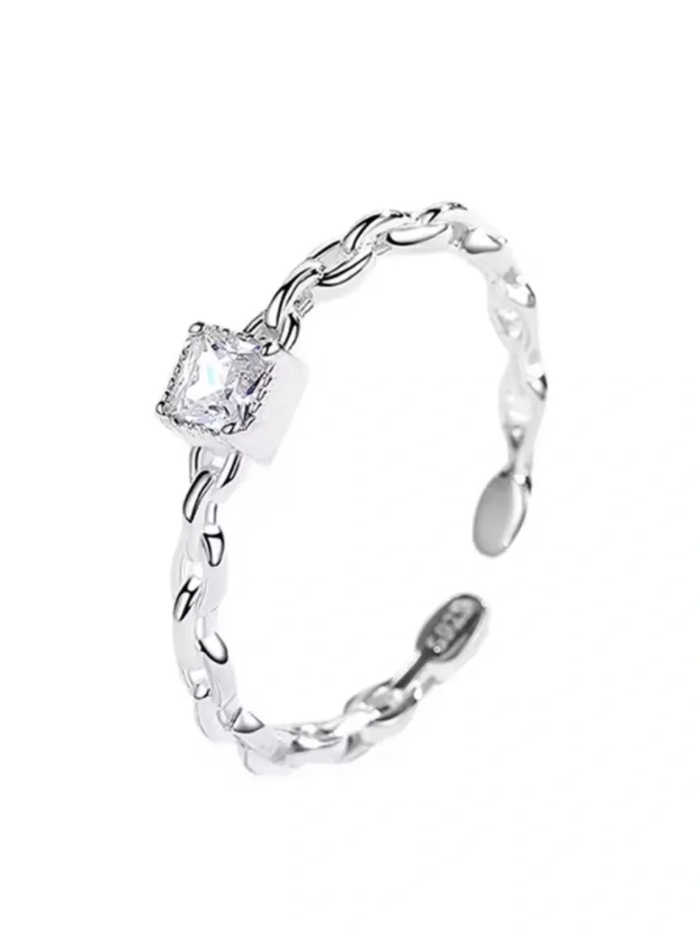 925 Sterling Silver Chain Twist Ring with Square CZ Accent adjustable
